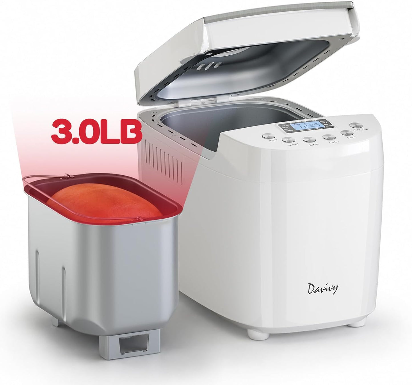 Davivy 3LB Large Capacity Bread Machine, 850W Powerful Automatic Bread Maker with 15 Programs, 3 Crust Colors & 1.5H 3LB Quick Bake, Nonstick Pan, 15H Delay Timer for Gluten Free Yogurt Dough