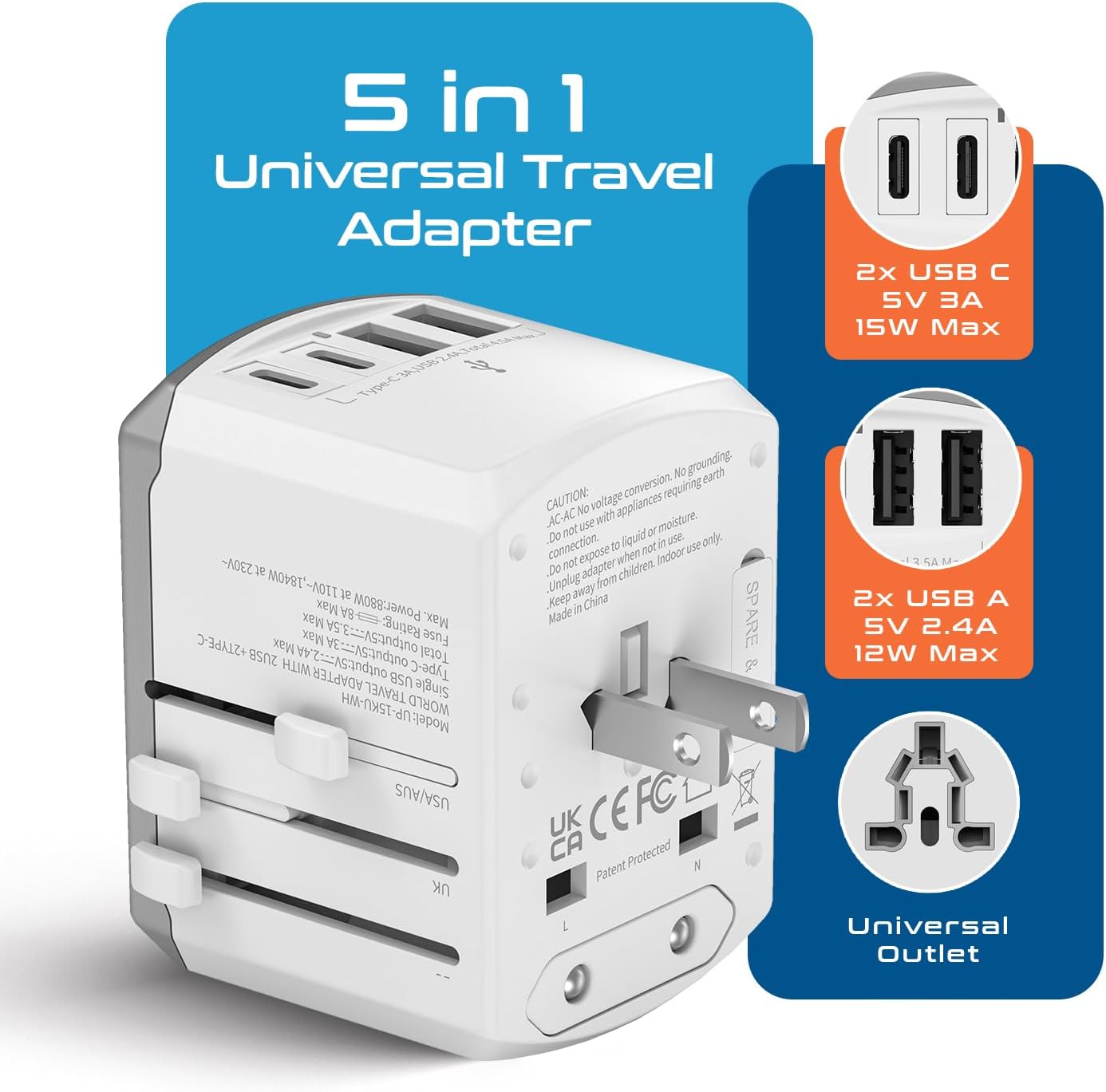 Ceptics Universal Travel Adapter kit, Dual USB (QC 3.0) + 2 US outlets + USB-C Cable, Use with Chargers, Cell Phones, Laptops, 6 Plug attachments for Worldwide use (Does Not Convert Voltage) (WPS-2B)