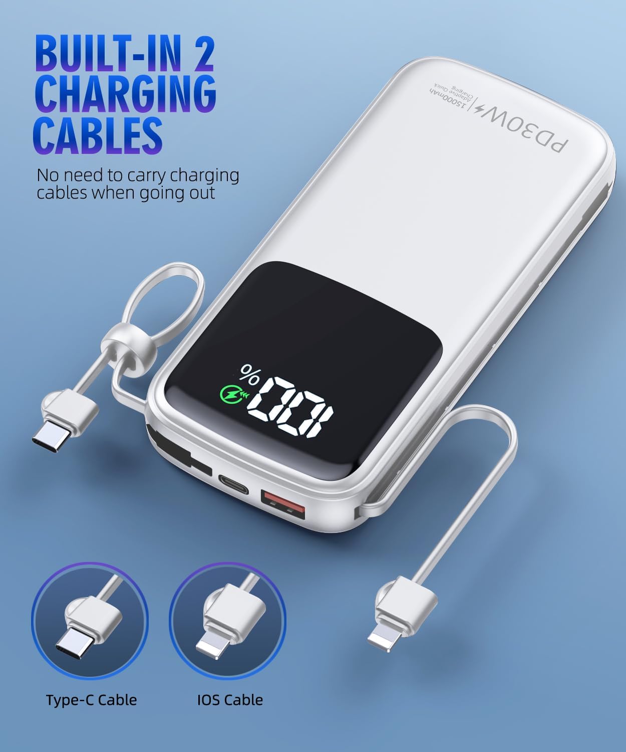 Portable Charger Power Bank, 15000mAh Portable Charger Fast Charging Lightweight, Built-in AC Wall Plug and 2 Output Cables with LED Display for iPhone Samsung iPad etc (White)