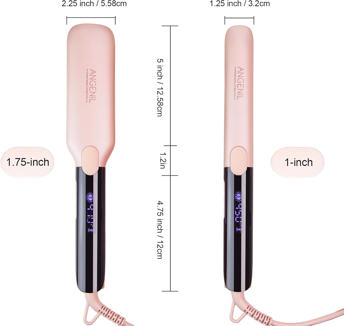 ANGENIL Pro Titanium Flat Iron Hair Straightener, Dual Voltage Straightening and Curling Iron in One, 15s Fast Heating, Negative Ion Round Pink Hair Straightener with Heat Resistant Silicone Mat Pad