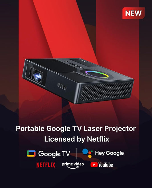 NexiGo Nova Mini, Portable Laser Projector, Google TV w/Netflix, 1080p FHD, 1200 Lumens, 15000:1 Contrast w/SAE, 3D, Auto Setup, 150" Display, 8W Dolby Audio, Portable for Home & Outdoor - PuriLite