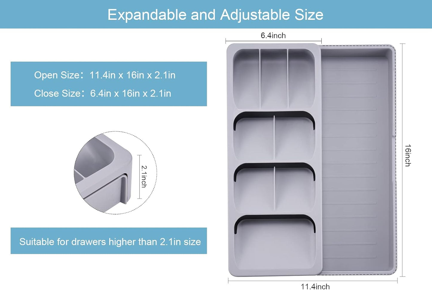 Expandable Kitchen Drawer Organizer, Adjustable Cutlery and Utensil Tray, Gray Plastic Silverware Storage Divider for Spoons, Forks, Knives, and Flatware - PuriLite