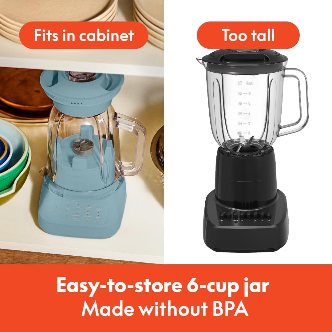 Bella 10-Speed Countertop Blender, Juicer and Smoothies, Fits Anywhere™, Slim Design with Lid and Lid for Dishwasher Stainless Steel Carafe, 450W, Surf