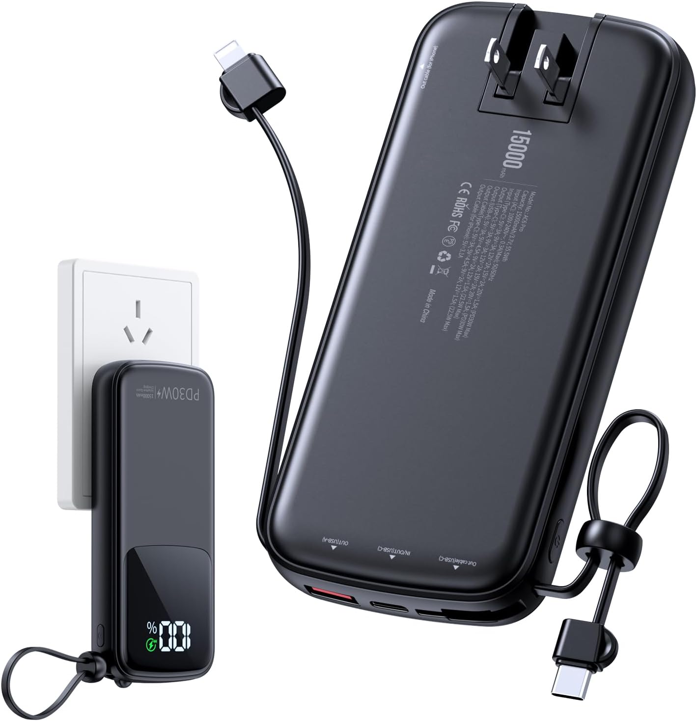 Portable Charger Power Bank, 15000mAh Portable Charger Fast Charging Lightweight, Built-in AC Wall Plug and 2 Output Cables with LED Display for iPhone Samsung iPad etc (White)