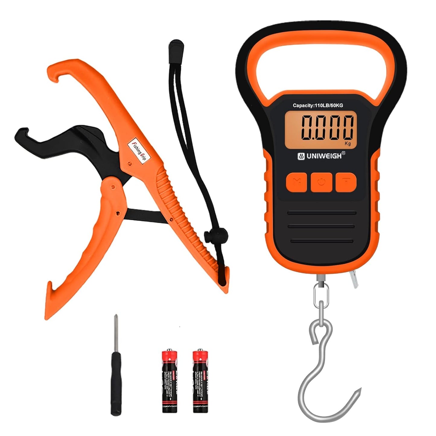 UNIWEIGH Digital Fish Scale Luggage Scale with Fish Lip Gripper, Backlight LCD Display 110lb/50kg Electronic Balance Digital Fishing Postal Hanging Hook Luggage Scale 2 AAA Batteries Included