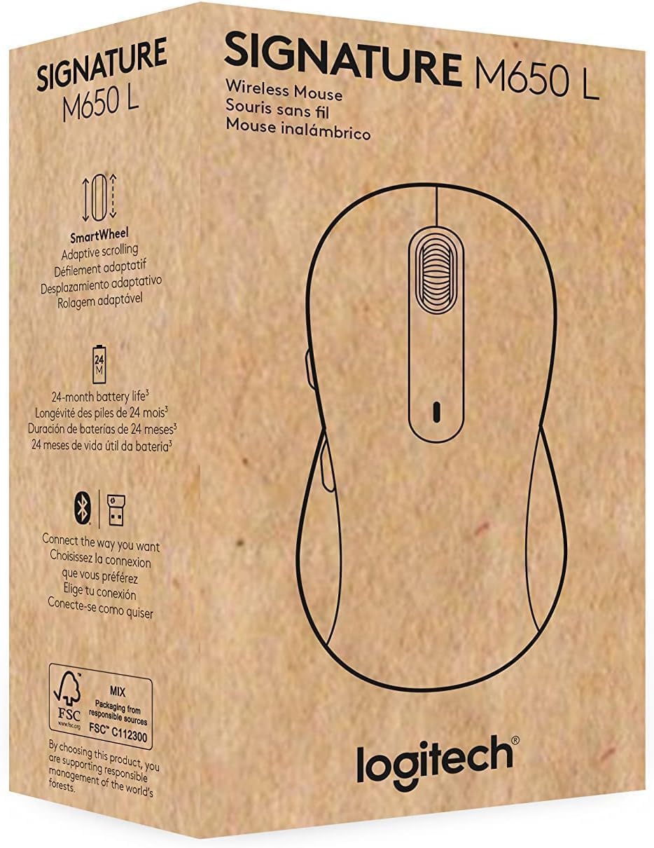 Logitech Signature M650 L Full Size Wireless Mouse - For Large Sized Hands, 2-Year Battery, Silent Clicks, Customizable Side Buttons, Bluetooth, for PC/Mac/Multi-Device/Chromebook - Black