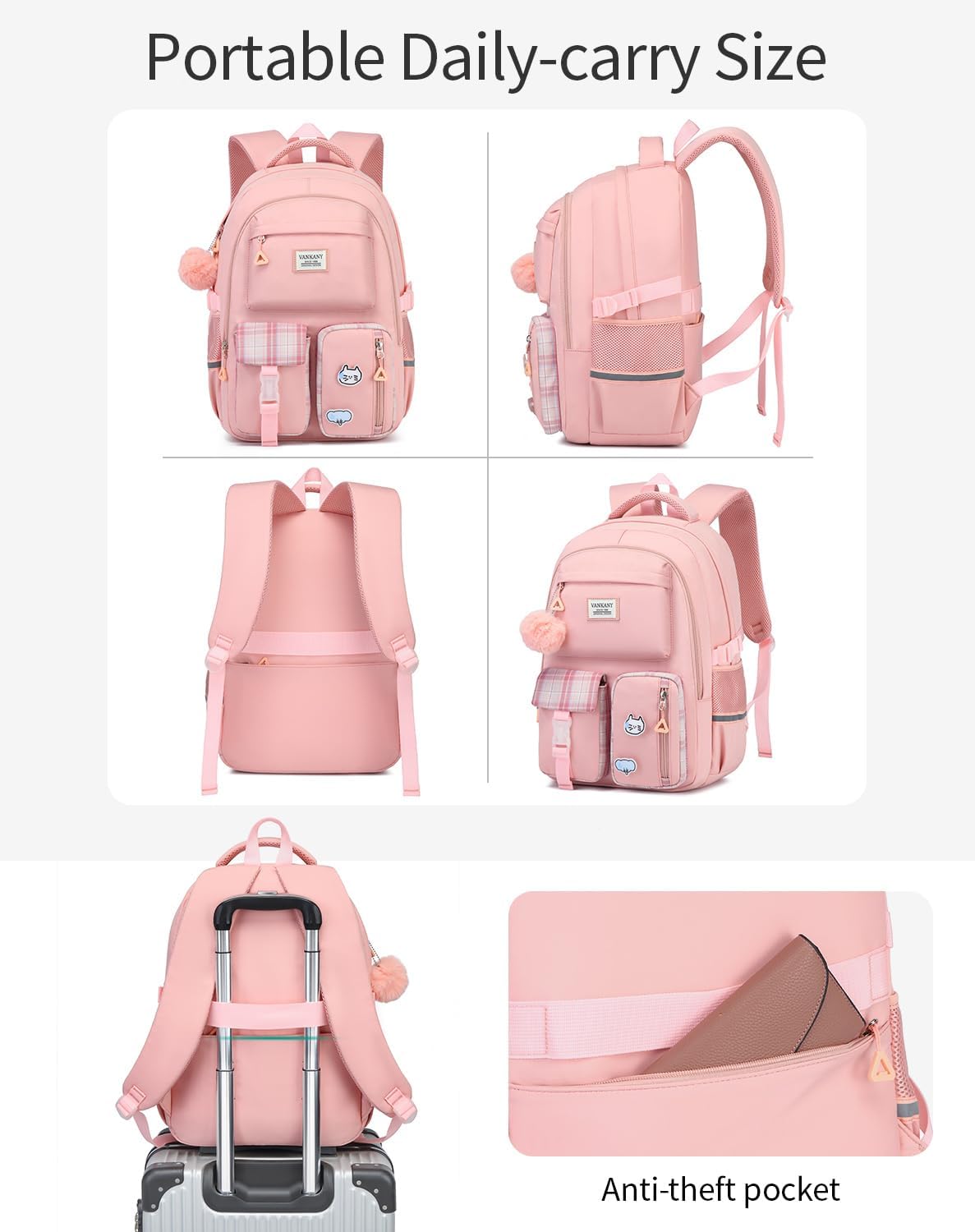 VANKANY School Backpack for Teen Girls, College Women Student Laptop Backpack Aesthetic Bookbags for Elementary Middle High School Travel Sac a Dos Femme, Black