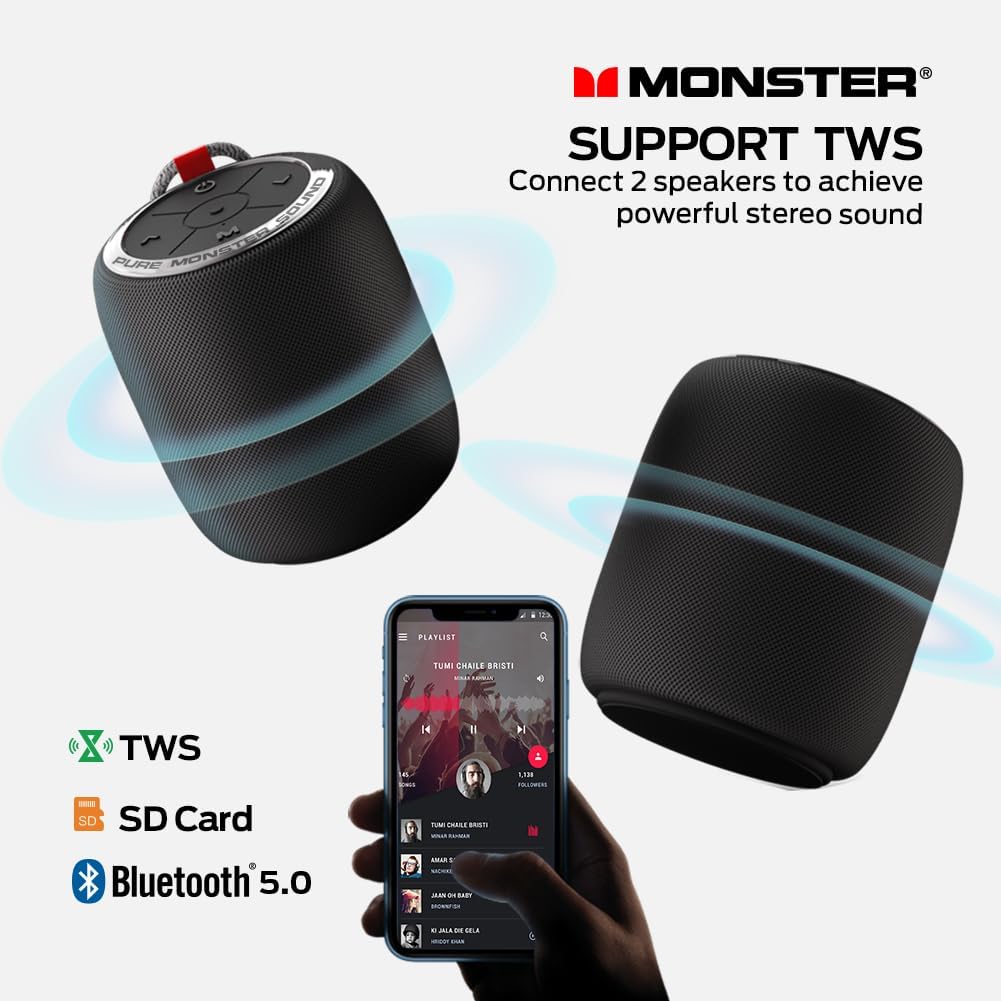 Monster S110 Wireless Speaker - Lightweight & Portable Bluetooth Speaker with Pure Sound, IPX5 Waterproof, 16-Hour Battery Life, USB Charging Cable, Perfect for Indoor/Outdoor Activities (Black)