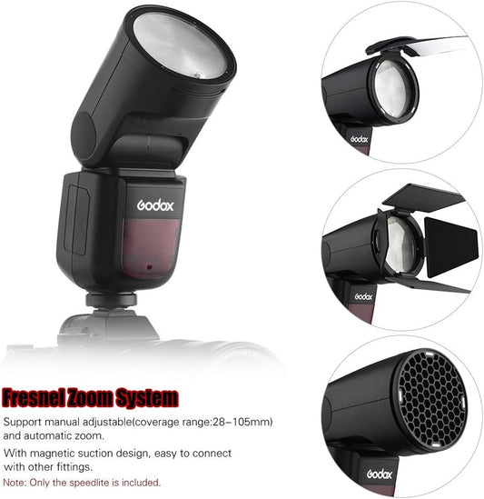 Godox V1S Professional Camera Flash Speedlite Speedlight Round Head Wireless 2.4G Fresnel Zoom Compatible with Sony Cameras for Wedding Portrait Studio Photography - PuriLite