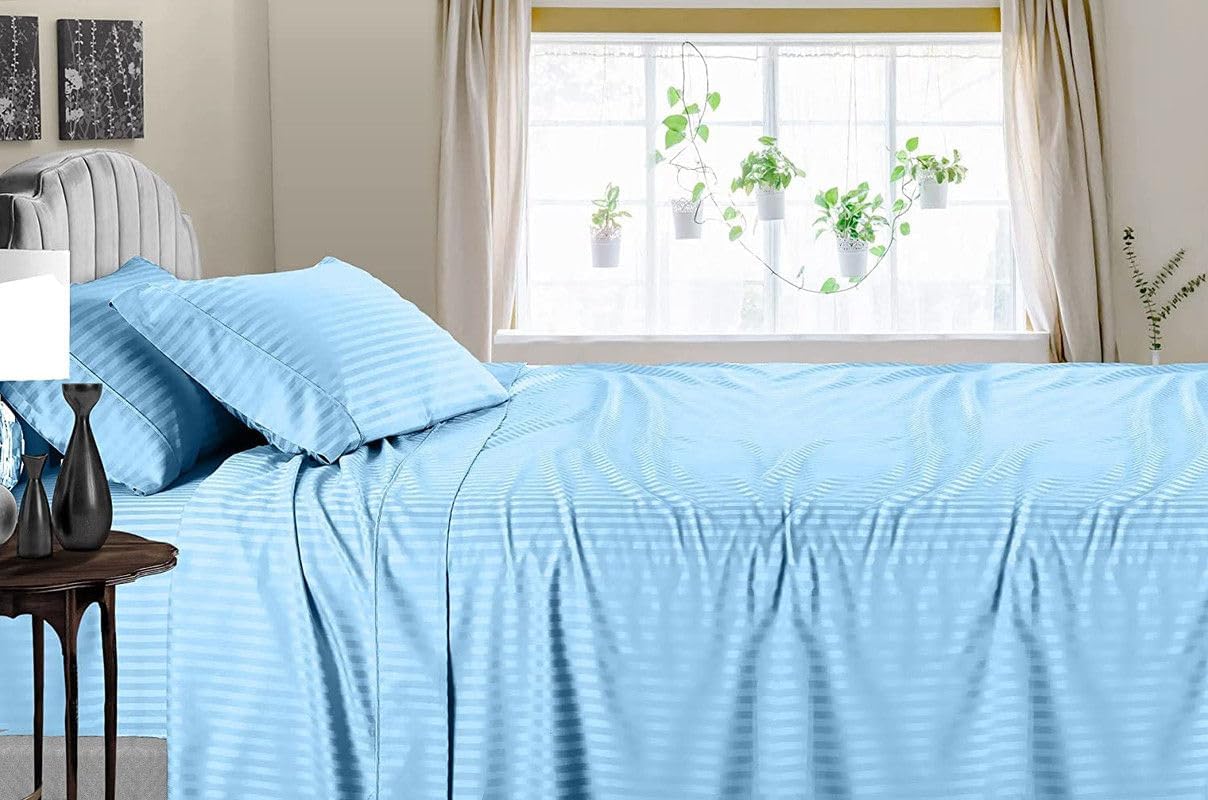 Linen Sheets 100% Egyptian Cotton- Twin-XL Sheet Set 4 Piece- 1000 Thread Count- Fits Upto 18" Deep Pocket- Long Staple Cotton Bedding, Sateen Weave-Light Blue Solid