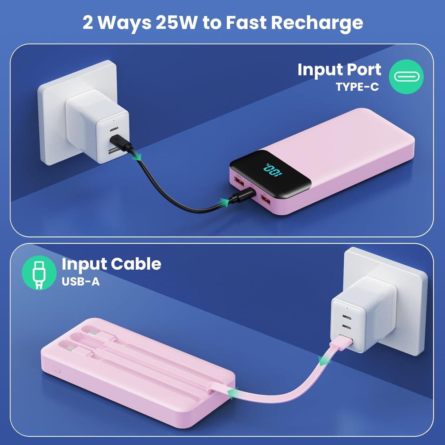 Power Bank 40800mAh Portable Charger with 3 Built-in Cable,25W PD USB C in&Out Power Bank Fast Phone Charging,QC4.0 LED Display Portable Battery Pack Compatible with iPhone 16/15,Samsung Android-Black
