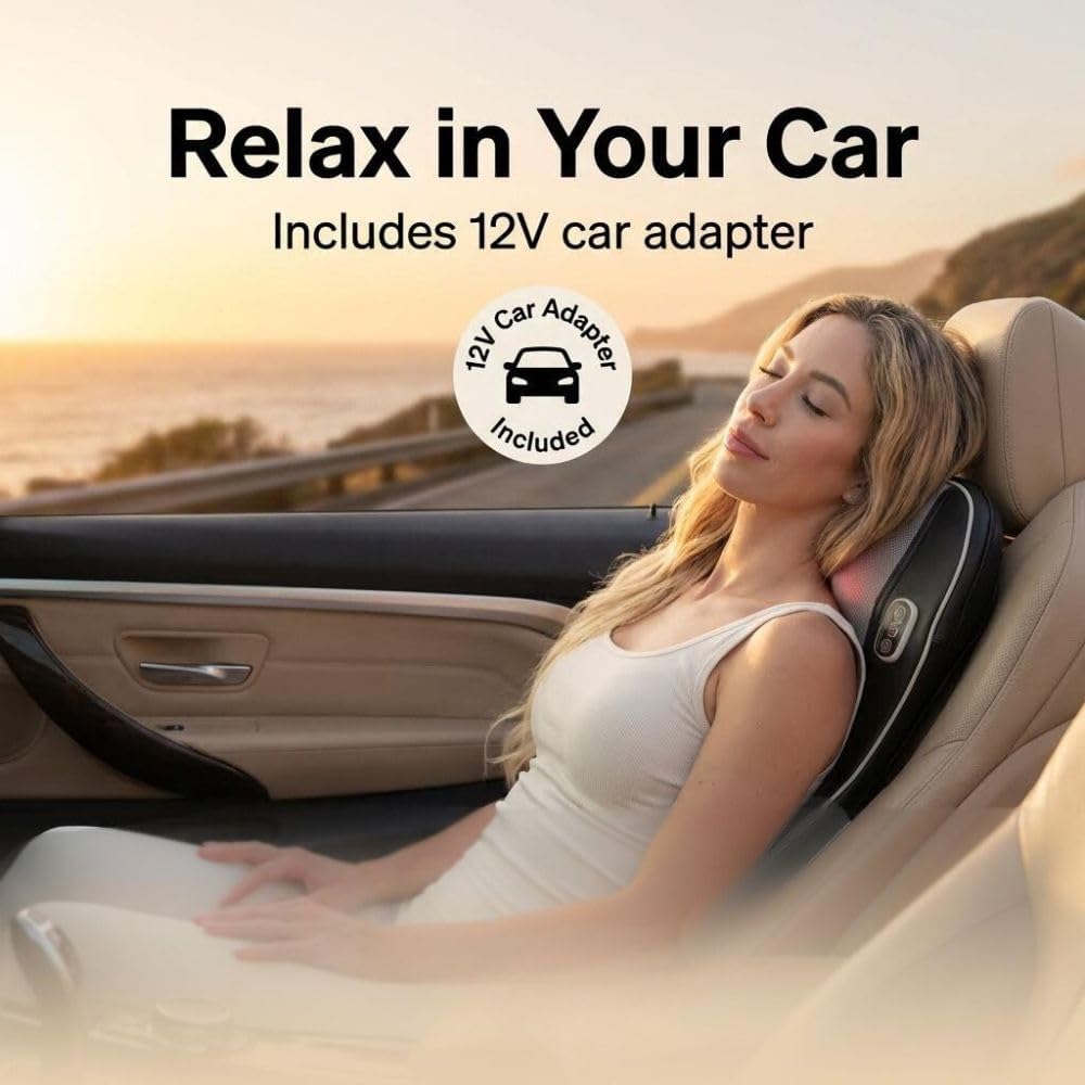 Shiatsu Massage Pad with Heat for Back and Foot Chair or Car Portable Shiatsu massage pad with soothing heat, deep kneading nodes, and car adapter for dual back and foot use