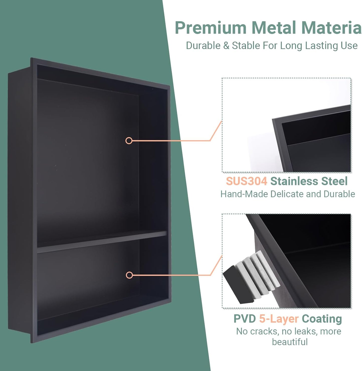 BLYLUND Shower Niche 12" x 24" NO Tile Needed,Matte Black Double Shelf Organizer, Square Corners Wall-Inserted Niche Recessed Shower Shelf Modern Soap Niche for Bathroom