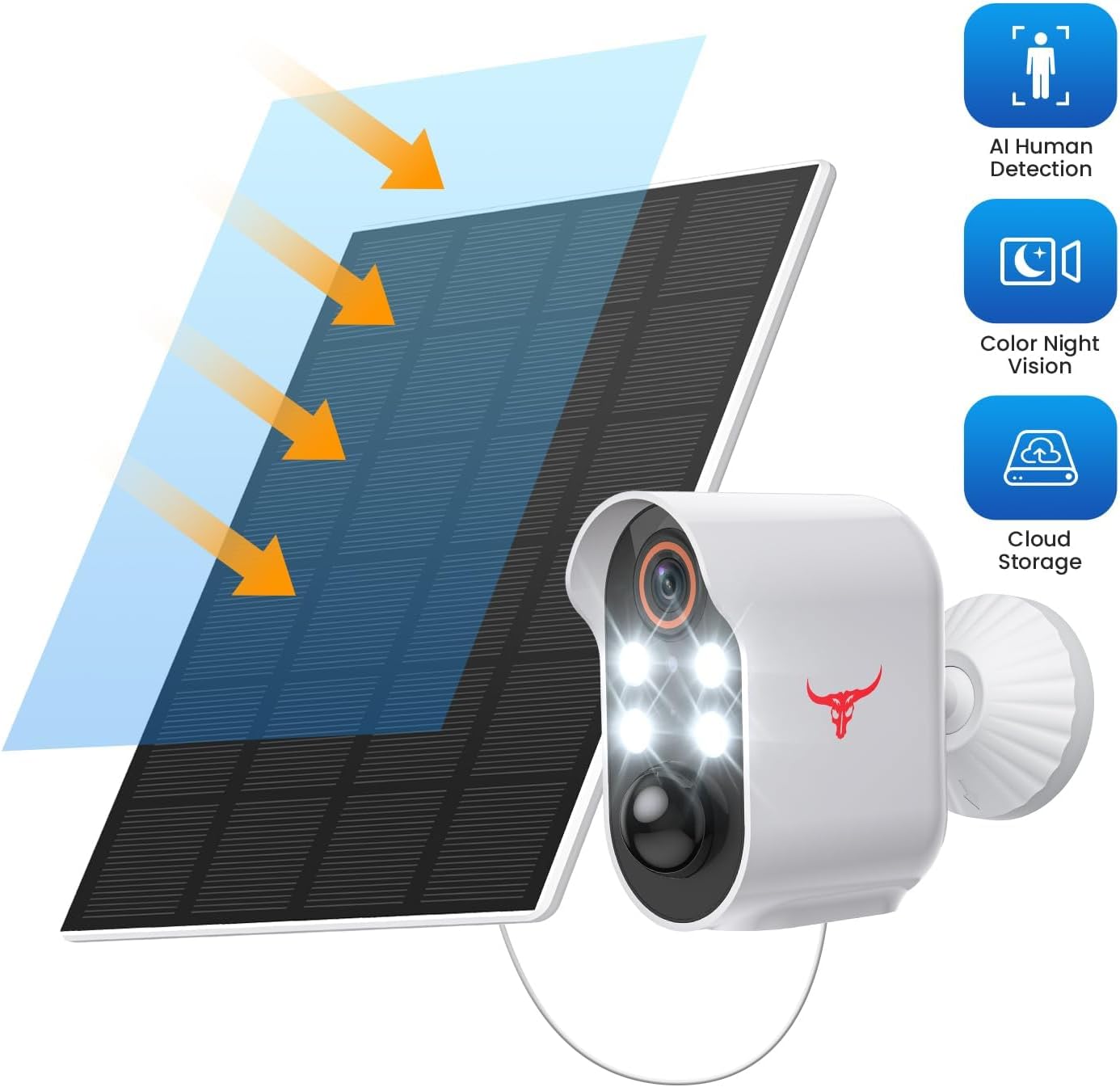 SJCODE 1080P Security Camera Wireless Outdoor with Solar Panel for Home Security, Color Night Vision, PIR Motion Detection, Cloud Storage, 2-Way Audio, Live View Bullet Surveillance Cam, 4 Spotlights