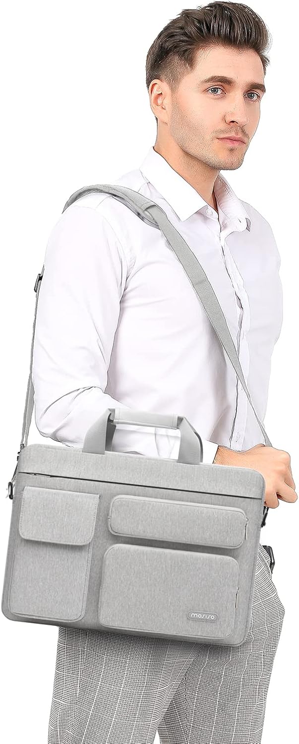 MOSISO Laptop Bag 13.3 inch, 13-13.3 inch Computer Shoulder Bag Compatible with MacBook Air/Pro 13/Pro 14, HP Dell ASUS Notebook &2 Raised&1 Flapover&1 Horizontal Pocket&Handle&Belt, Black