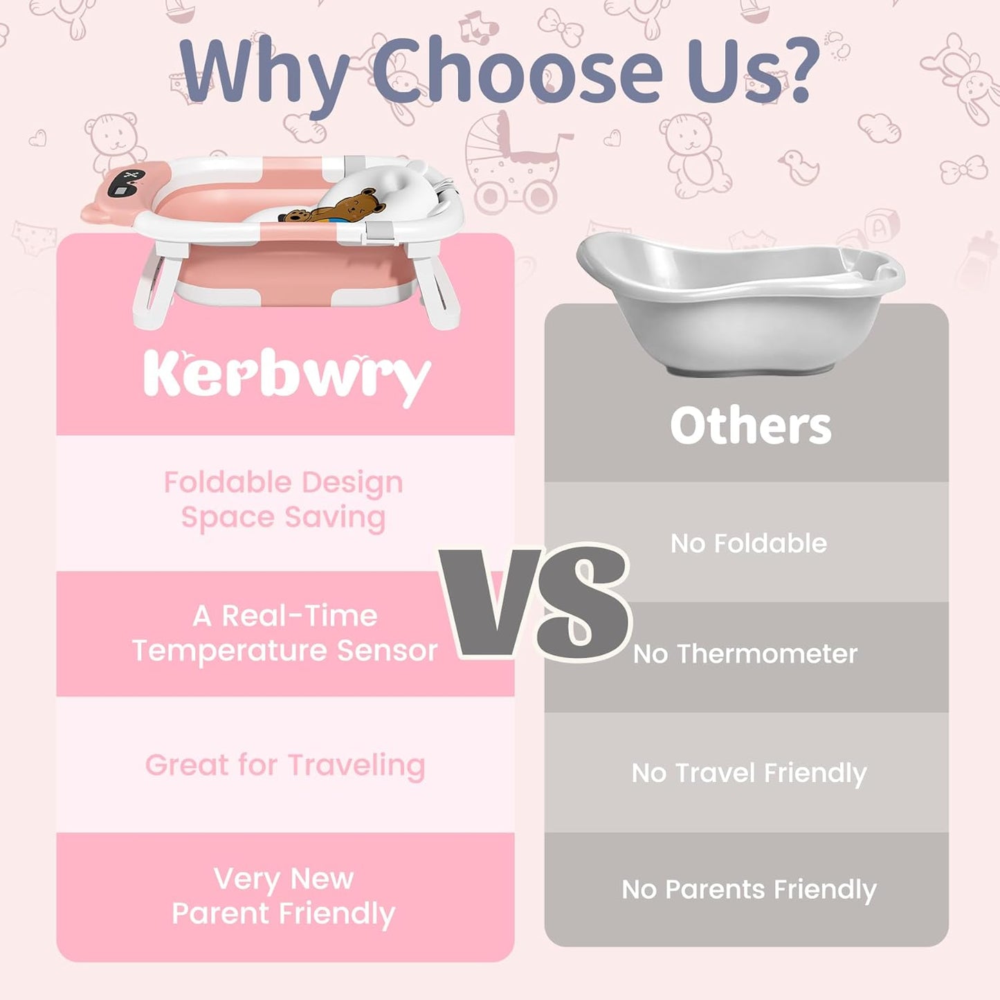 Kerbwry Baby Bathtub for Newborn to Toddler, Baby Bath Tub with Soft Towel and Floating Cushion, Baignoire Pour Bébé, Shower Essentials for Newborn (0-18 Months) Grey