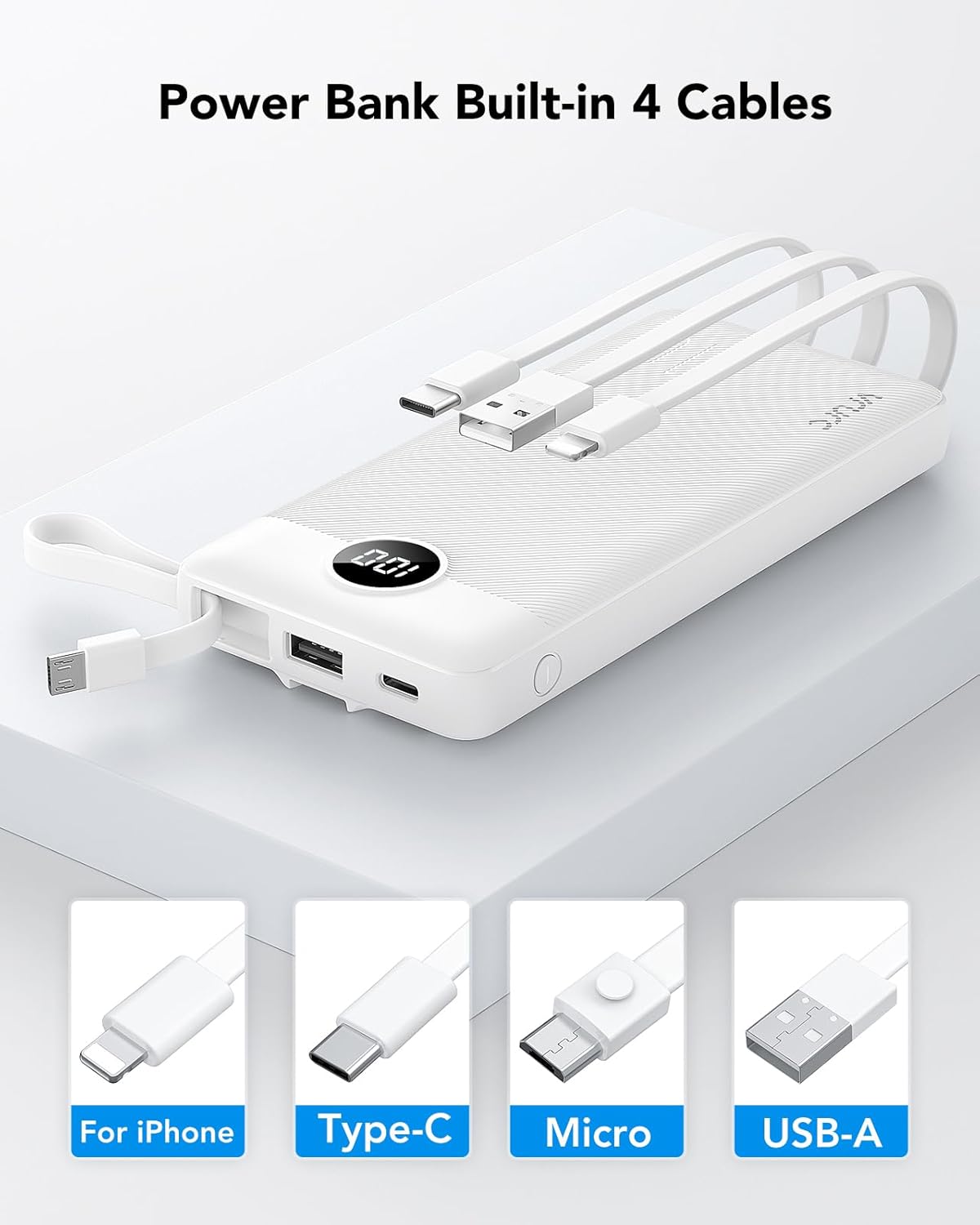 VRURC 10000mAh Power Bank Built-in Cables, Portable Charger with LED Display, Slim Intelligent Travel Battery Pack with Cords, 5 Output Dual Input Phone Charger for Cell Phone Smart Devcies-Blue