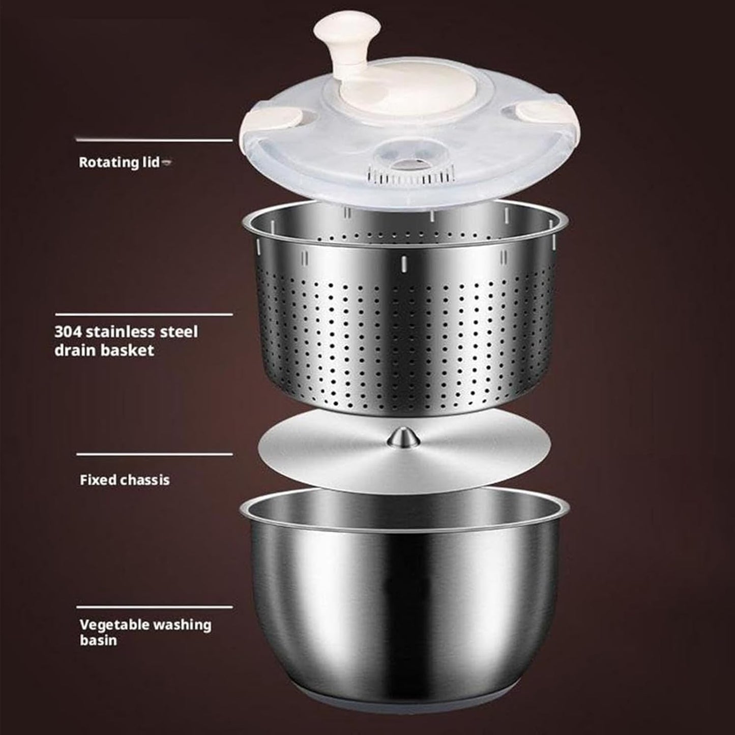 Salad Spinner Stainless Steel, Vegetables Wash Bowl Stainless Steel, 6L Salad Spinner Rotary Bowl with Drain for Restaurant Kitchen -Home Meal Prep Washing Accessories
