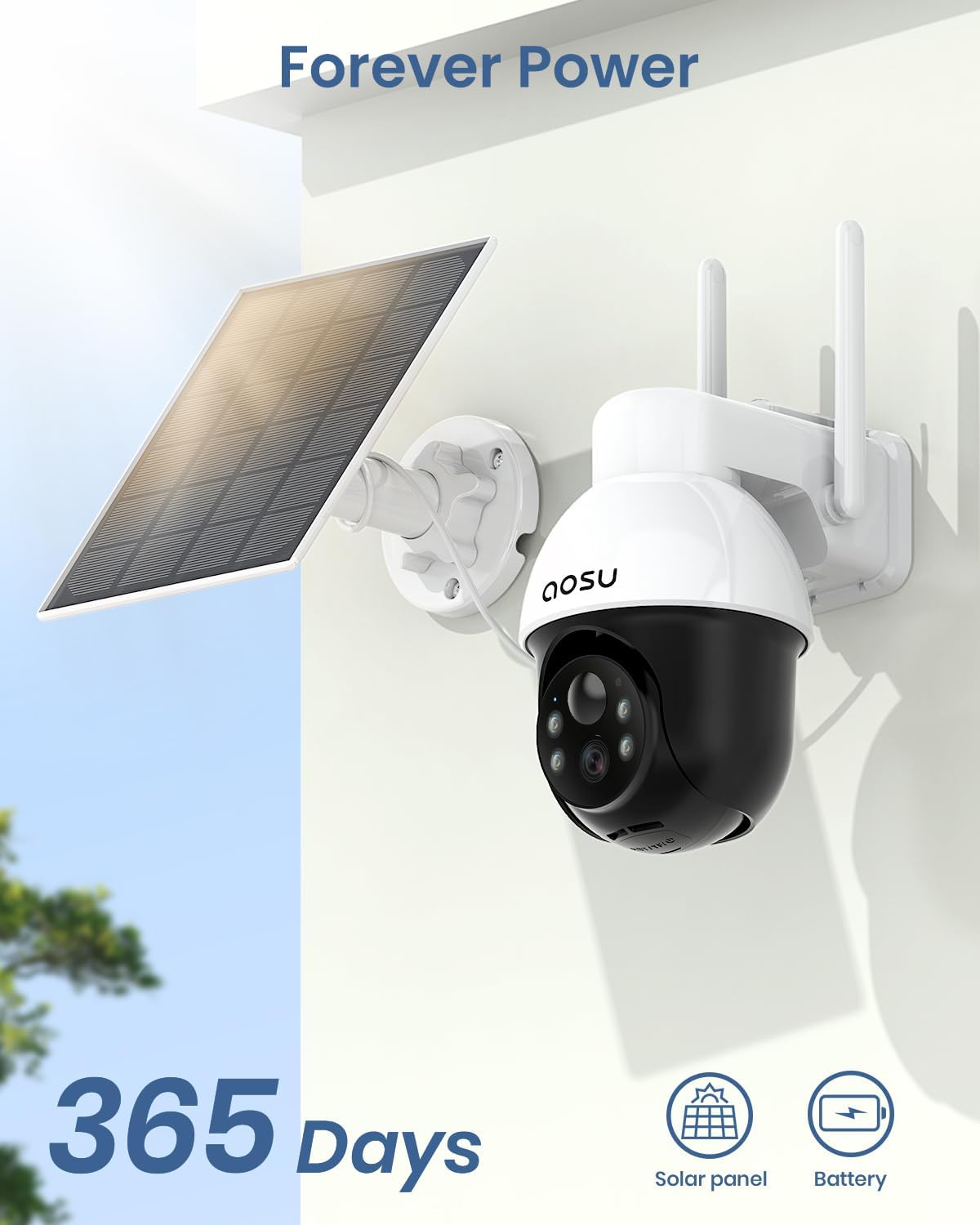 AOSU Solar Security Camera Wireless Outdoor with Panoramic PTZ, Human Auto Tracking, 2K Night Vision, Light and Sound Alarm, 2-Way Talk, Compatible with Alexa/Google Assistant for Home Surveillance