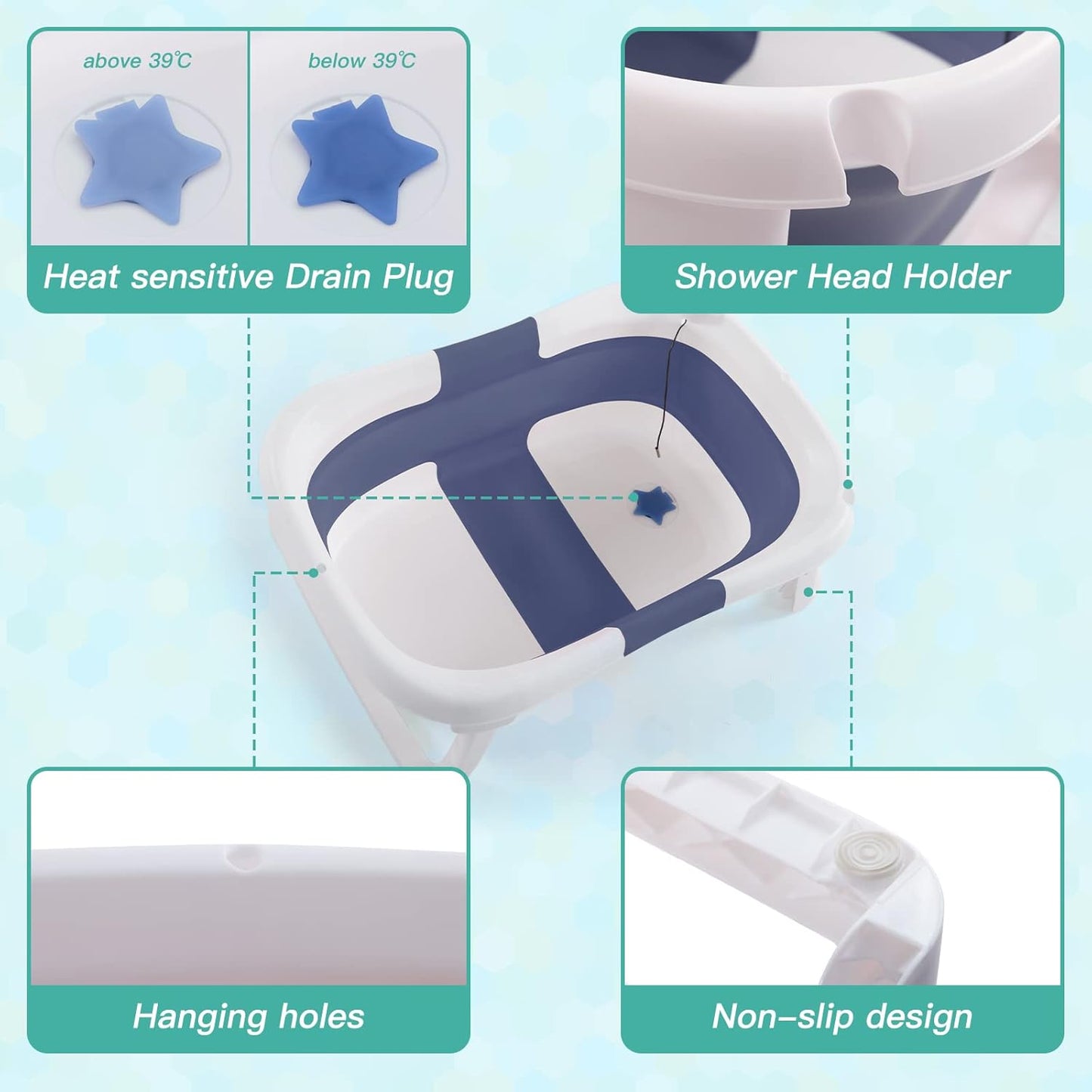 nordmiex Foldable Baby Bathtub for Infants to Toddler,Portable Travel Multifunctional with Drain Hole,Collapsible Newborn 0-36 Month (Blue White+Baby Bath Cushion+Waterproof Ear Cap)