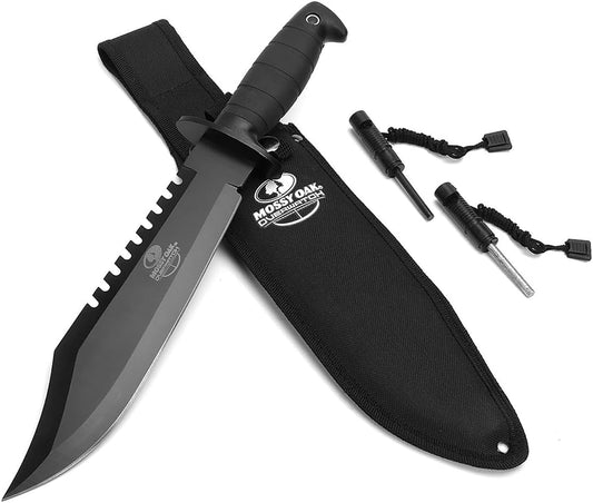 Mossy Oak Survival Hunting Knife with Sheath, 15-inch Fixed Blade Tactical Bowie Knife with Sharpener & Fire Starter for Camping, Outdoor, Bushcraft - PuriLite