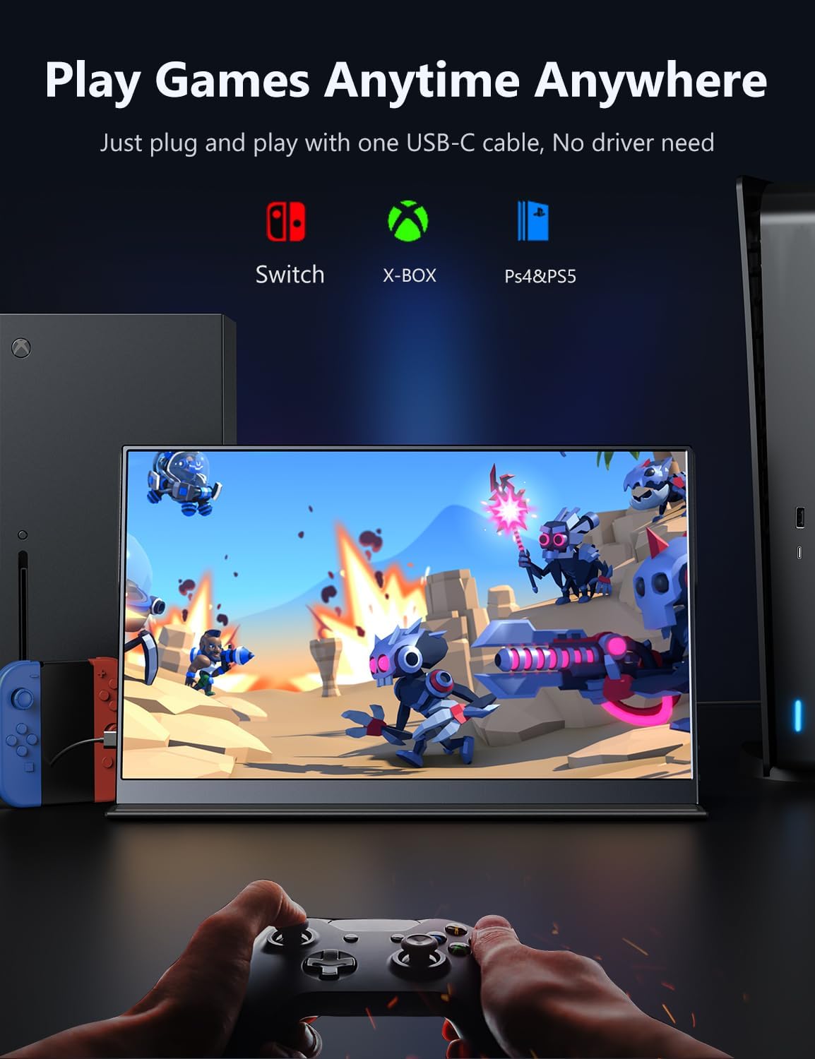 MagicRaven Portable Monitor, 15.6" 1080P Laptop Screen, Lightweight Dual USB C HDMI Second Computer Gaming Display with Speakers, Travel Monitor for MacBook PS4/5 Xbox Switch PC Phone