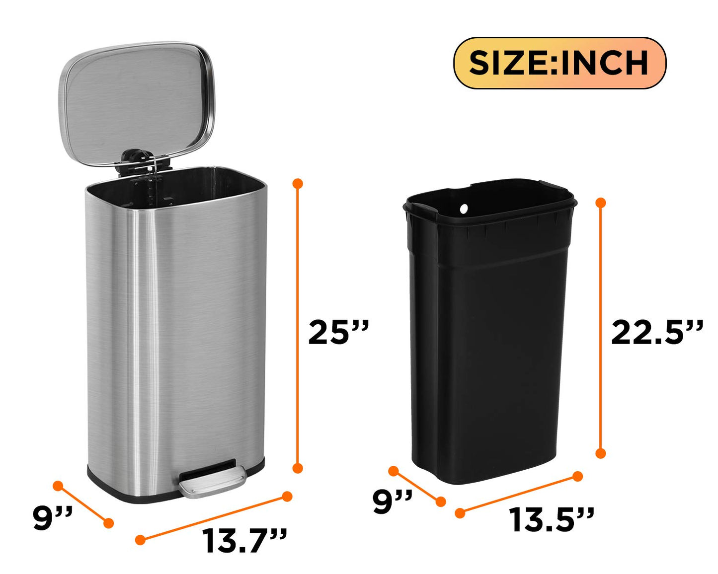 13 Gallon/50 L Garbage Can Kitchen Trash Can with Lid for Office Bedroom Bathroom Step Trash Bin Fingerprint-Proof Brushed Stainless Steel