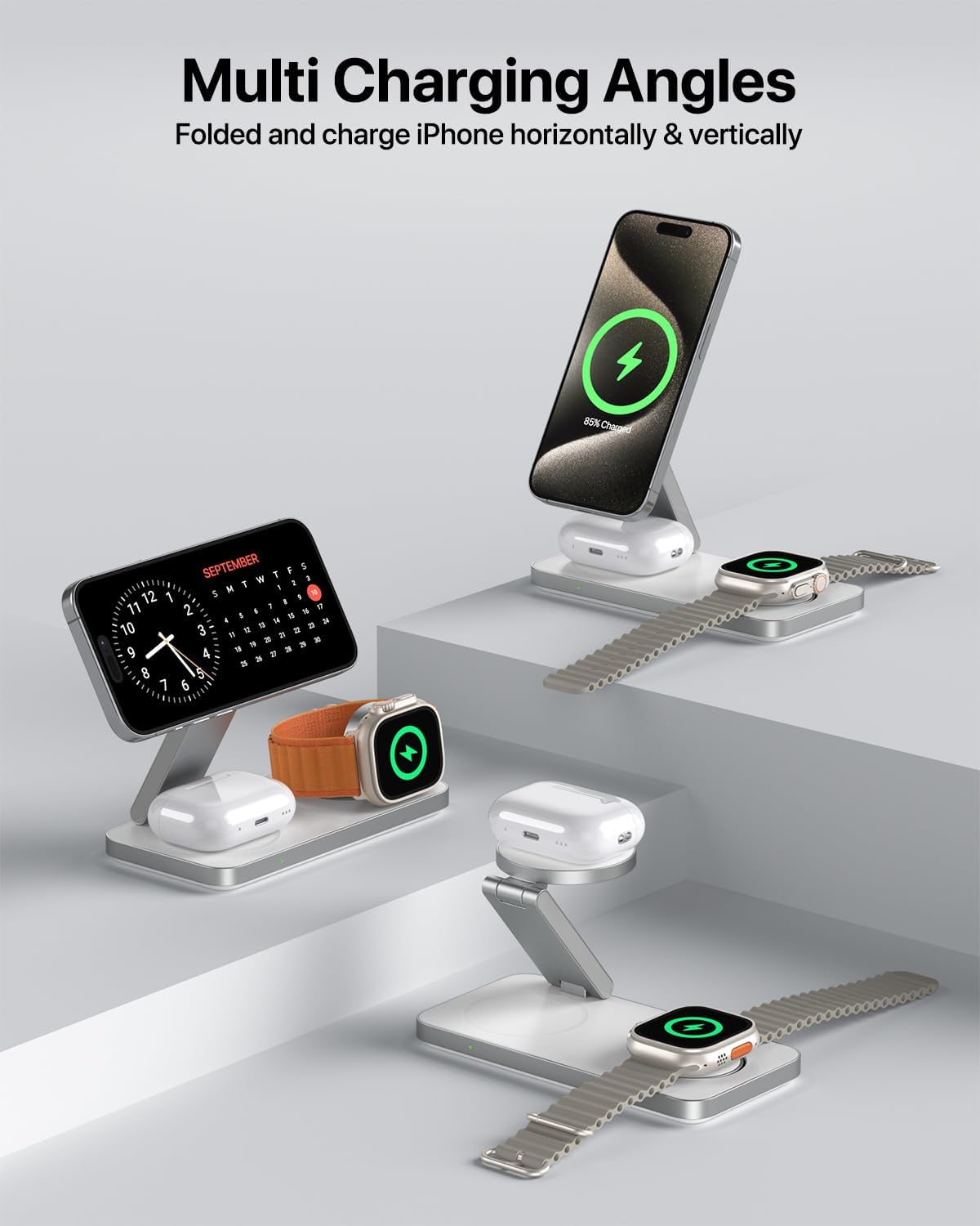 EXW Foldable 3 in 1 Wireless Charging Station for Apple Compatible with Magsafe Charger Stand, Travel Wireless Charger for iPhone 16 15 14 13 12 Series, Airpods, Apple Watch (18W Adapter Included)