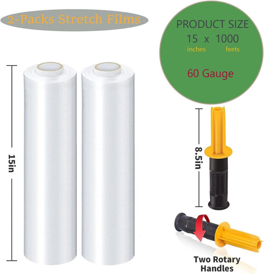 2 Packs Stretch Wrap Stretch Film 15" X 1000 Feet Shrink Wrap Packing Moving Suppliers 60 Gauge Plastic Wrap for Pallet Wrapping Shipping and Surface Protection (2PACKHANDLE)