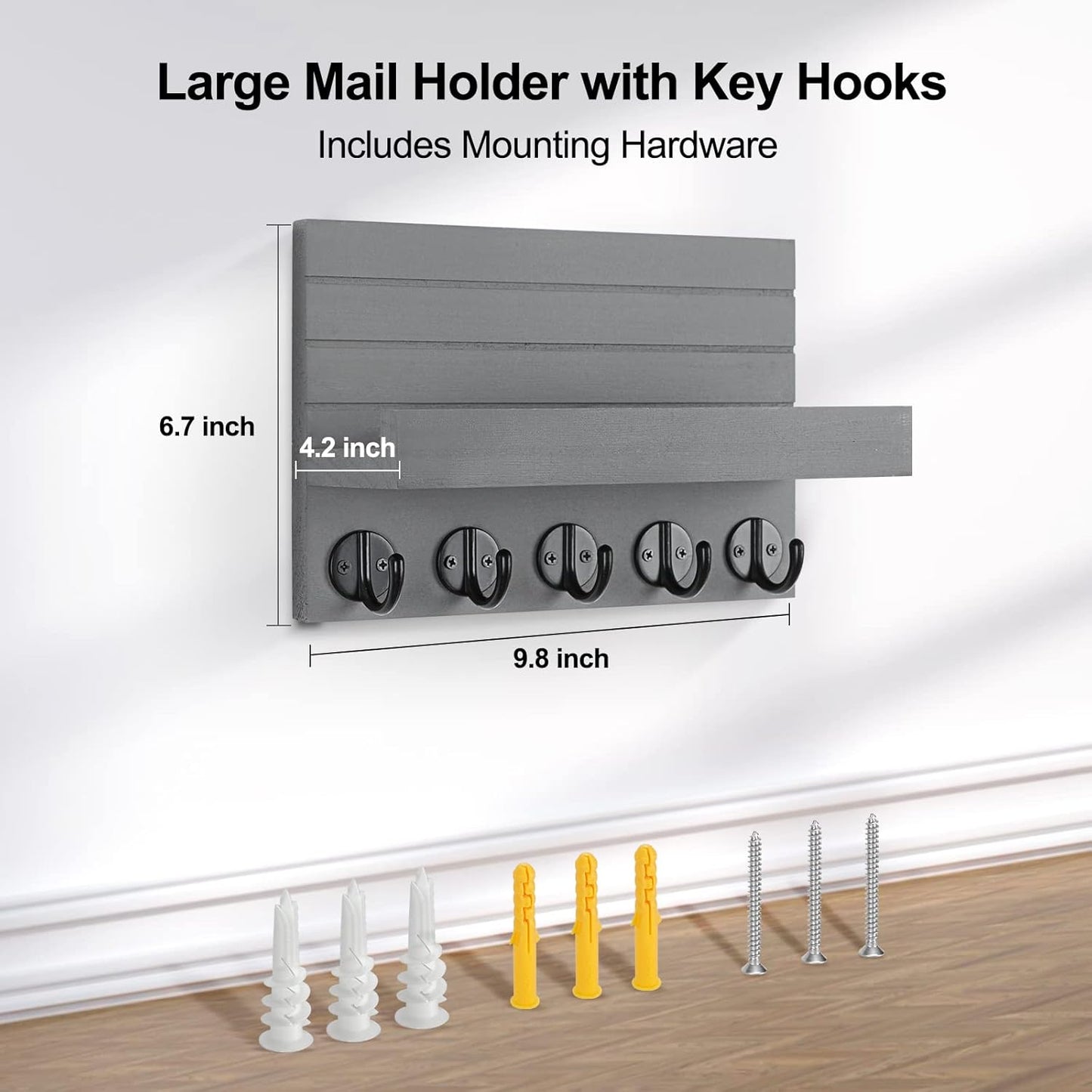 Lwenki Key Holder for Wall, Decorative Key and Mail Holder with Shelf Has Large Key Hooks for Bags, Coats, Umbrella – Paulownia Wood Key Hanger with Mounting Hardware (Black)