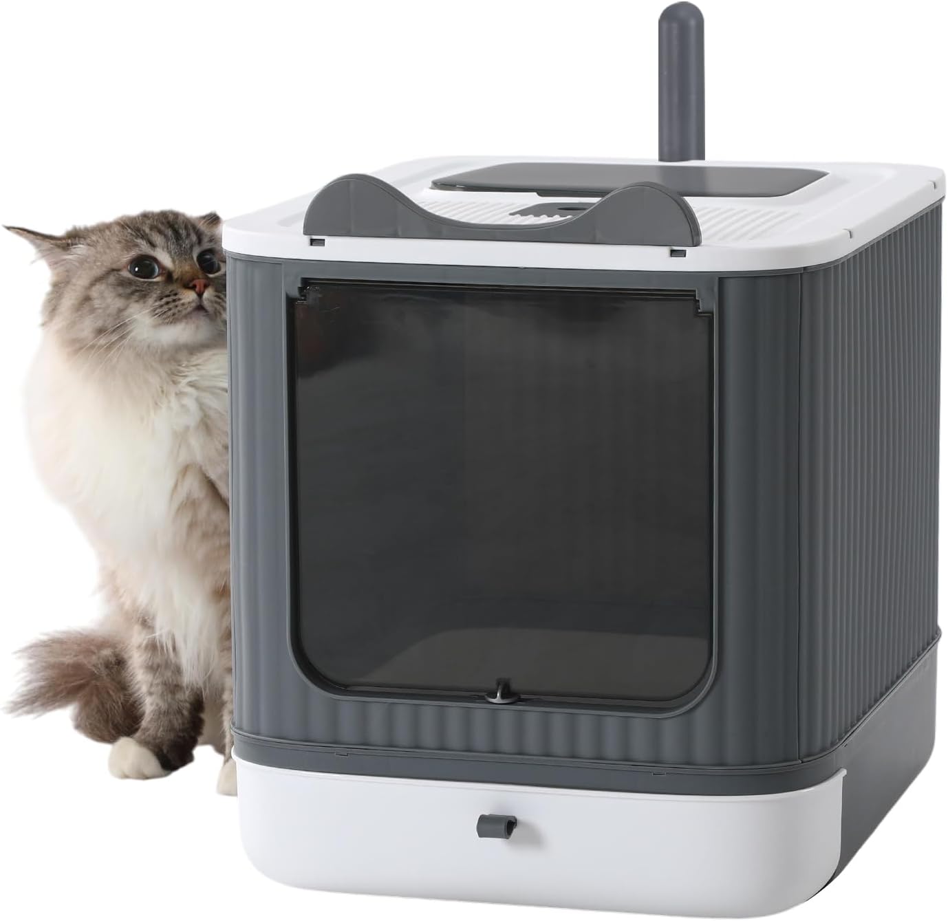 LCZLBRRD Fully Enclosed Cat Litter Box, Upgraded Covered Kitty Litter Boxes with Lid and Top Entry, Anti-Splashing Easy to Clean, 3 Modes Cat can Use from Kitten to Adult(White&Grey)