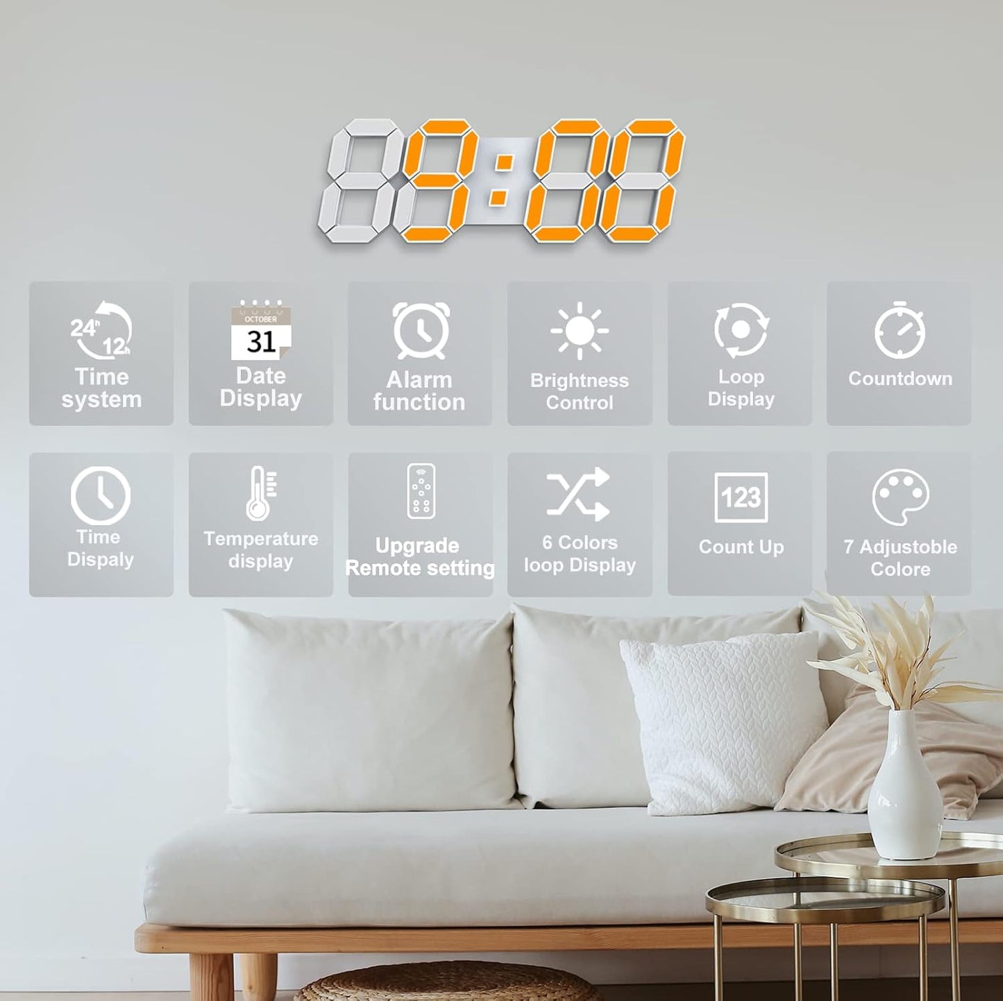 Deeyaple 3D LED Digital Wall Clock Modern Alarm Clock Adjust Brightness 12/24 Time Date Temperature Silent Snooze USB Night Light Remote Control Kitchen Bedroom Living Room Small 9.7 inch White