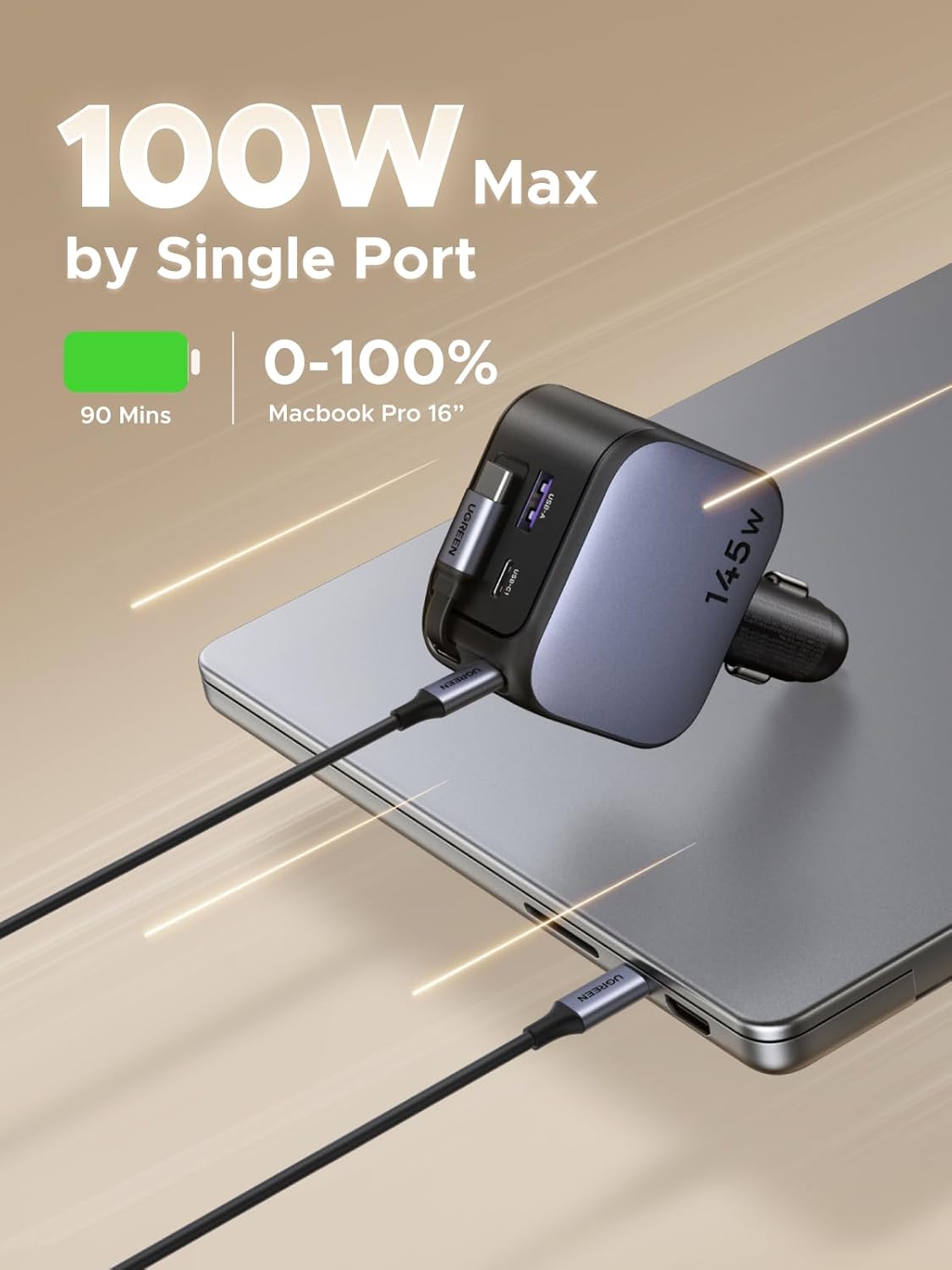 UGREEN 145W Retractable Car Charger, 4-Ports Car Phone Charger Fast Charging with 60W Retractable USB C Cable, Cigarette Lighter Adapter Compatible with iPhone 17 16 15 Pro Max, Galaxy S25 S24 Ultra