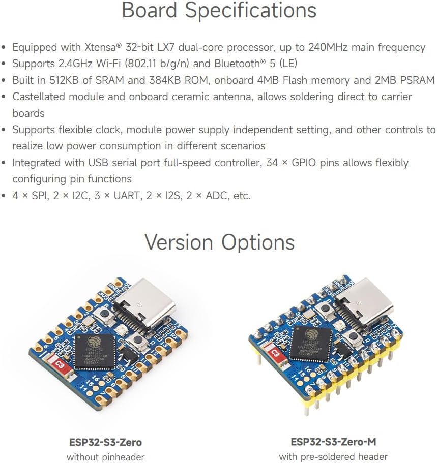 Waveshare 3PCS ESP32-S3 Mini Development Board, Based On ESP32-S3FH4R2, Onboard Multi-Function GPIO Pins, Dual-Core Processor, 240MHz Running Frequency,Microcontroller