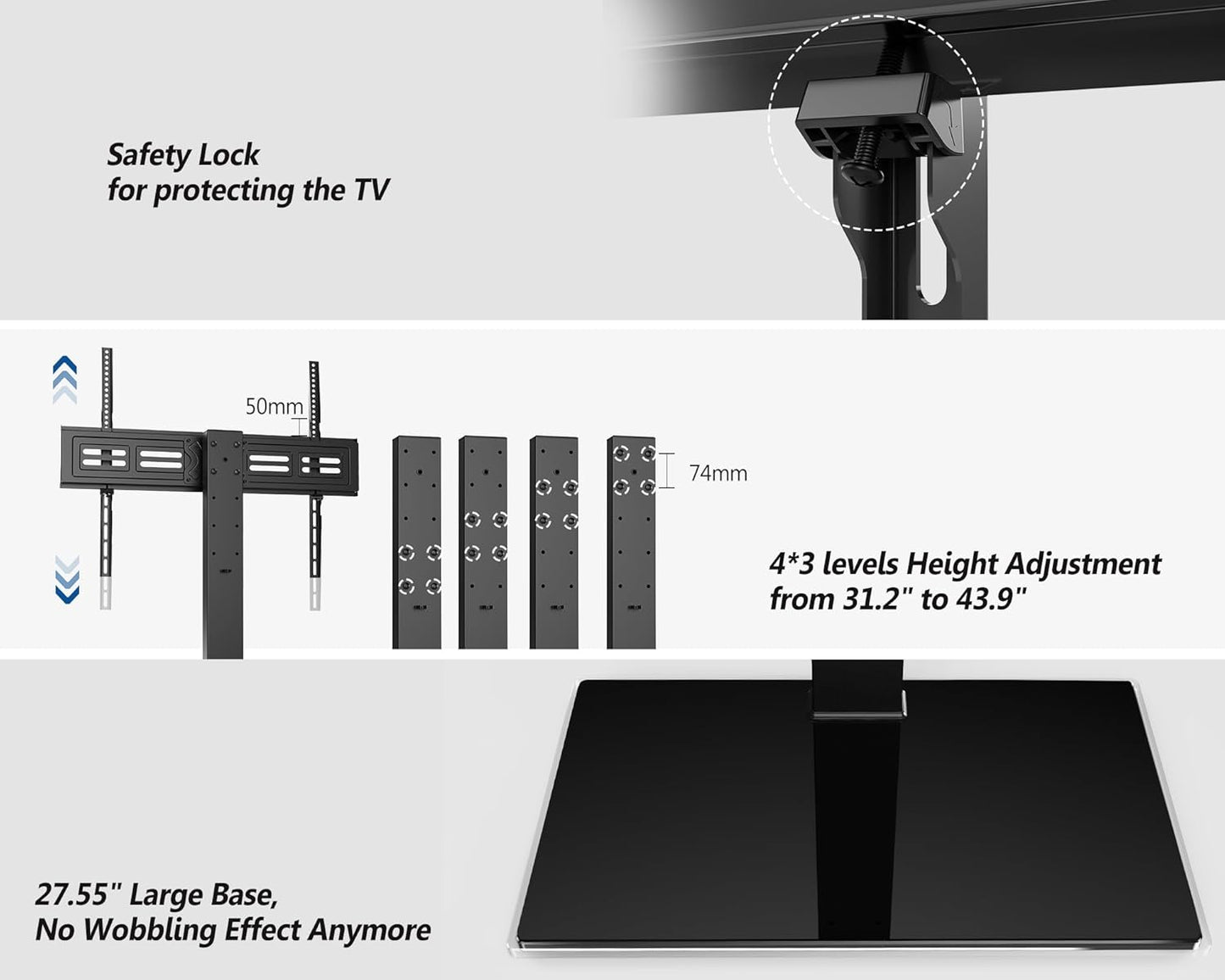 FITUEYES Universal TV Stand for 50-85 inch TVs | 44 Inch Tall Table Top TV Stand with 80° Swivel | Holds up to 143lbs | Max VESA 800x600mm | for Living Room