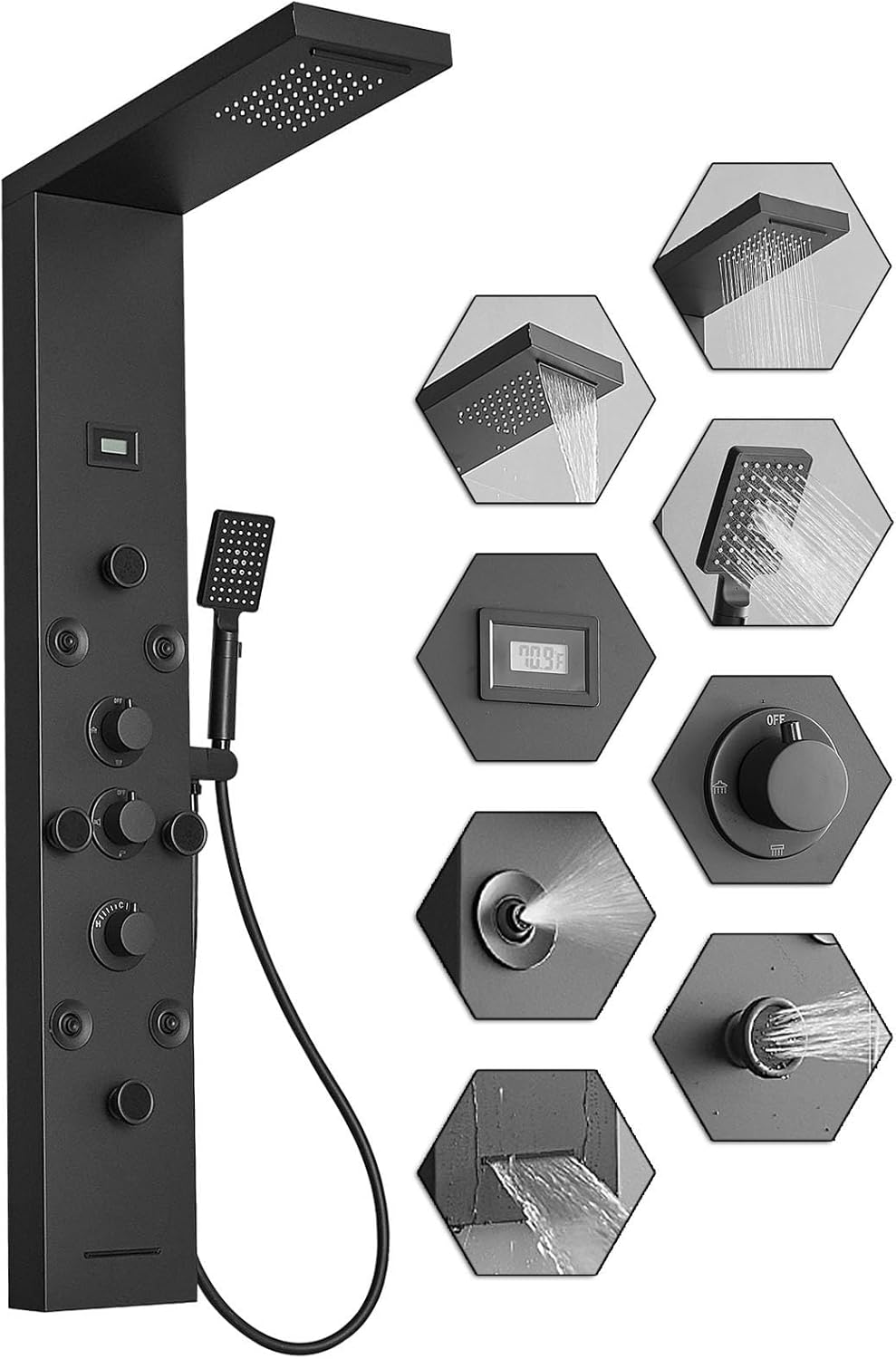 Bathfinesse Shower Tower Bathroom Shower Panel System Rain Massage System 6 in 1 Body Spray Jets Shower Wall Panels Rainfall Waterfall Shower Head Tub Spout with Temperature Display,Matte Black
