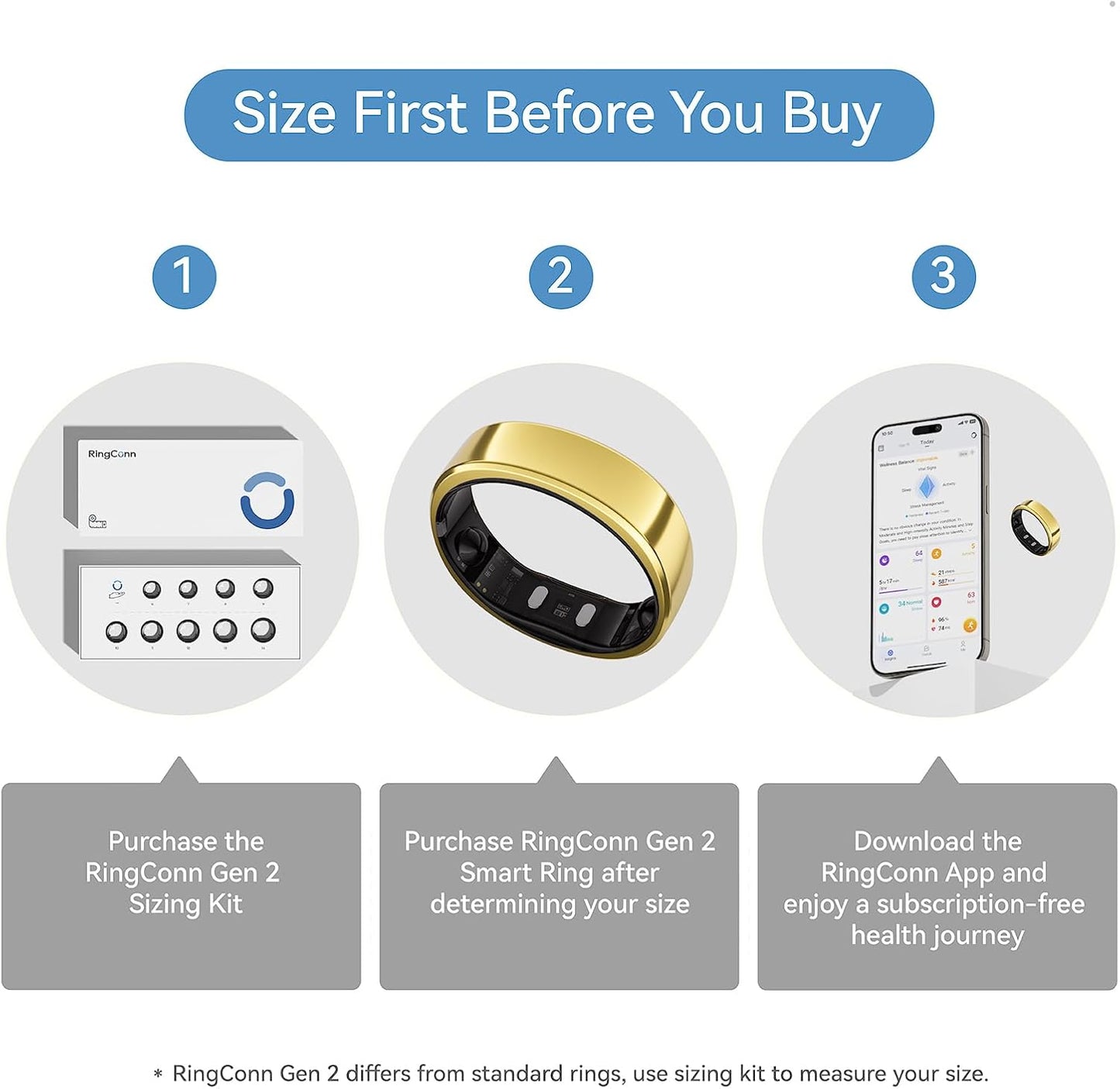 RingConn Gen 2 Smart Ring, No App Subscription, Size First with Sizing Kit, 12-Day Battery Life, Stress/Women's Health Tracker, Compatible with Android & iOS (Black, Size 8)