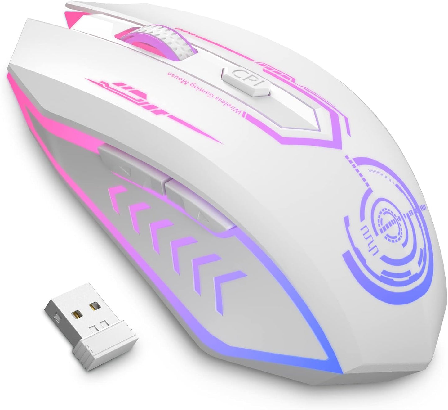 Wireless Gaming Mouse Up to 10000 DPI, UHURU Rechargeable USB Wireless Mouse with 6 Buttons 7 Changeable LED Color Ergonomic Programmable MMO RPG for PC Laptop, Compatible with Windows Mac