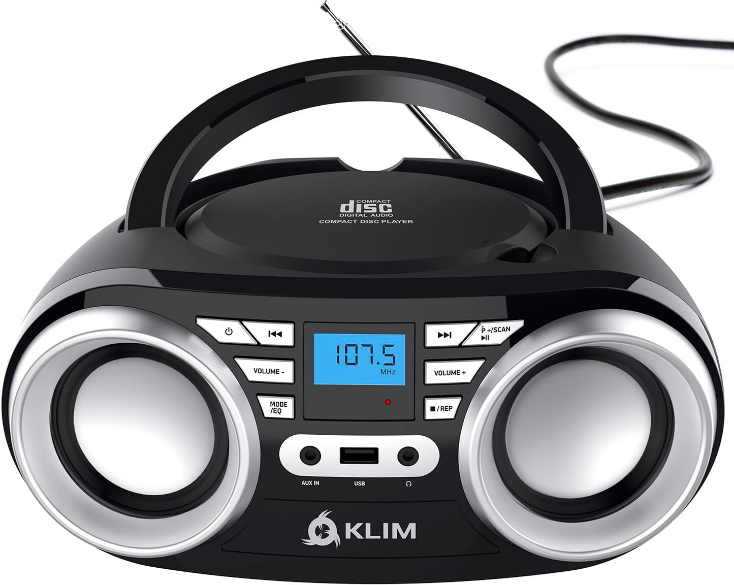 KLIM B3 Portable CD Player Boombox with FM Radio, Bluetooth, USB, AUX, and FM Radio Dual Speakers, EQ Sound Effects, 20 Preset Stations, Compact and Lightweight - Black No RGB