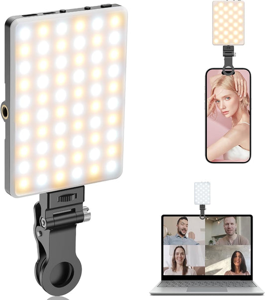 TONEOF Portable Selfie Light,Rechargable 60 LED Phone Light with Clip & Double 1/4" Screw Hole,2500k-9000K Dimmable Camera Light for iPhone,Android,Laptop,Tablet,Selfie/Video Conference