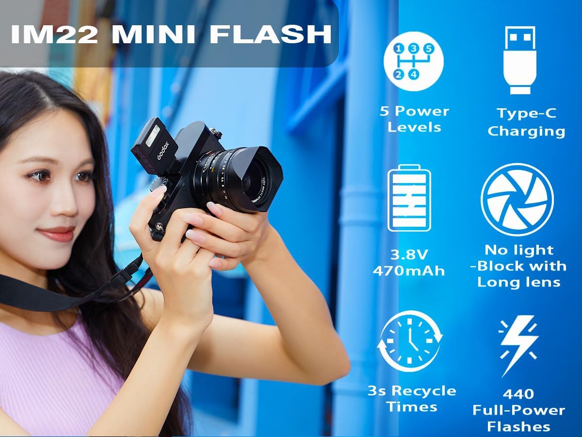 Godox Flash Godox iM22 Mini Camera Flash - GN10/470 mAh/Type-c Charge/440 Full-Power Flashes/3s Recycle Times/5 Power Levels/Manual, Camera Flash for Sony zv1/Sony zve10/Ricoh gr3/Fujifilm f1 etc.