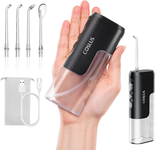 COSLUS Portable Water Flosser for Travel: Mini Water Flossers For Teeth Quick Clean, 4 Modes & Removable Tank for Family, Nozzle Storage, Cordless Compact Design One The Go Use, IPX7 Waterproof, Black