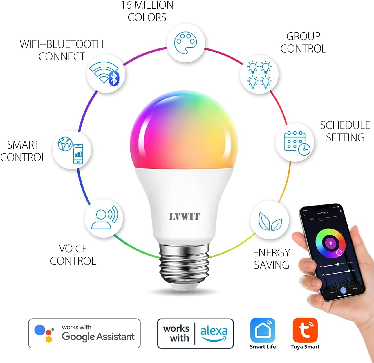 LVWIT Smart Light Bulbs Alexa, A19 60W Equivalent, E26 Smart LED, Work with Google Assistant, Smart Life App, Tuya App, RGB Color Changing Bulb (8.5W), No Hub Required, 4-Pack