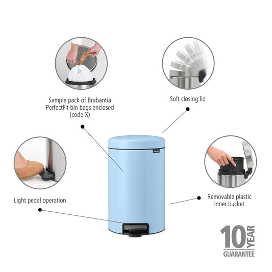 Brabantia New Icon Step Trash Can (3.2 Gal/Dreamy Blue) Soft Closing Kitchen Garbage/Recycling Can with Removable Bucket