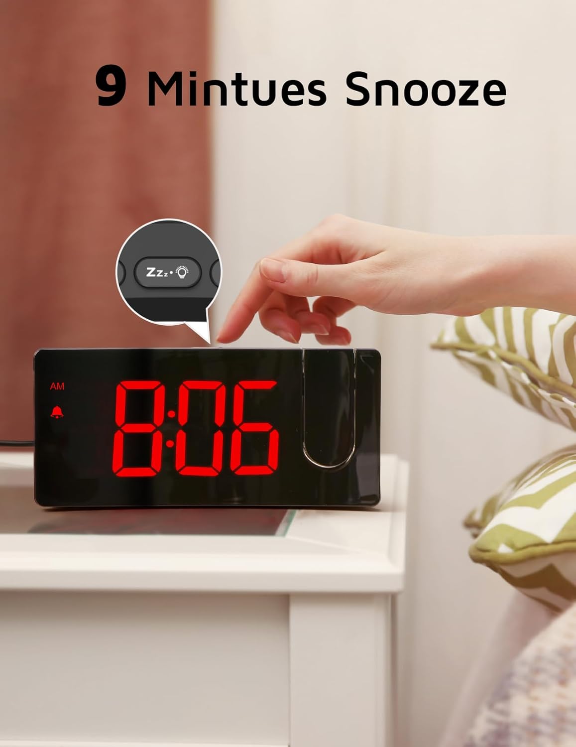 GOLOZA Projection Alarm Clock, Digital Clock with Modern Curved Design 180° Rotatable Projector, 3-Level Brightness Dimmer, Clear Blue LED Display, Progressive Volume, 9mins Snooze,12/24H, for Bedroom