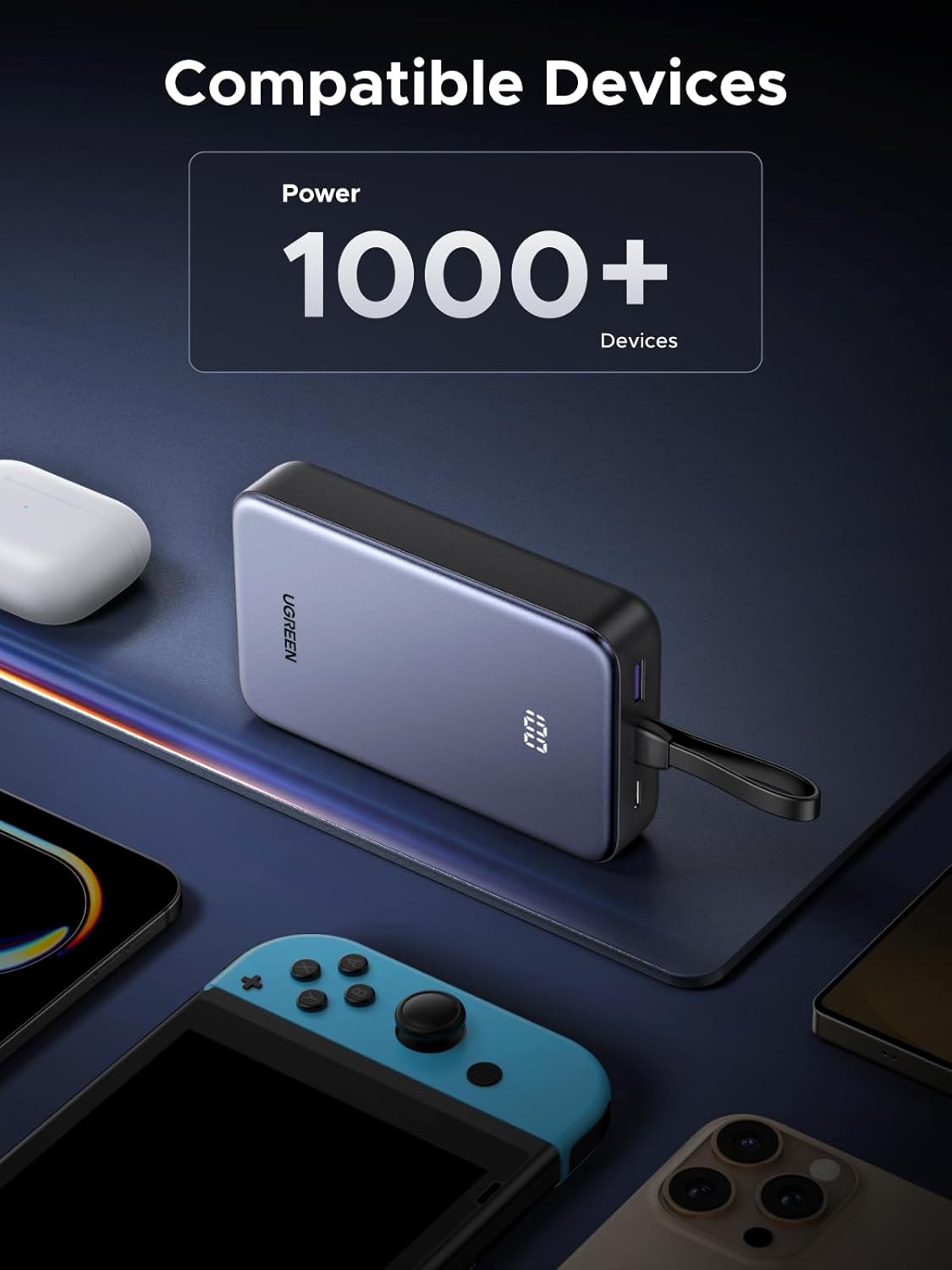 UGREEN 20000mAh 22.5W Power Bank with Built in Cable, USB Type C Portable Charger Battery Pack 3 Output with LED Display Compatible with iPhone 16 15 Pro Max, Galaxy S24 S23, Pixel 8 Pro Series