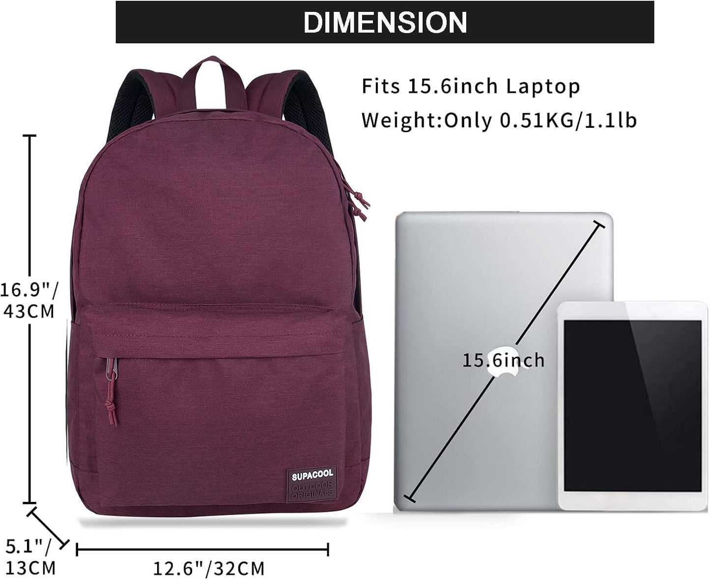 SUPACOOL Casual Laptop Backpack with USB Charging Port for Men and Women, School Bookbag for College, Lightweight Pack Back(Dark Black)
