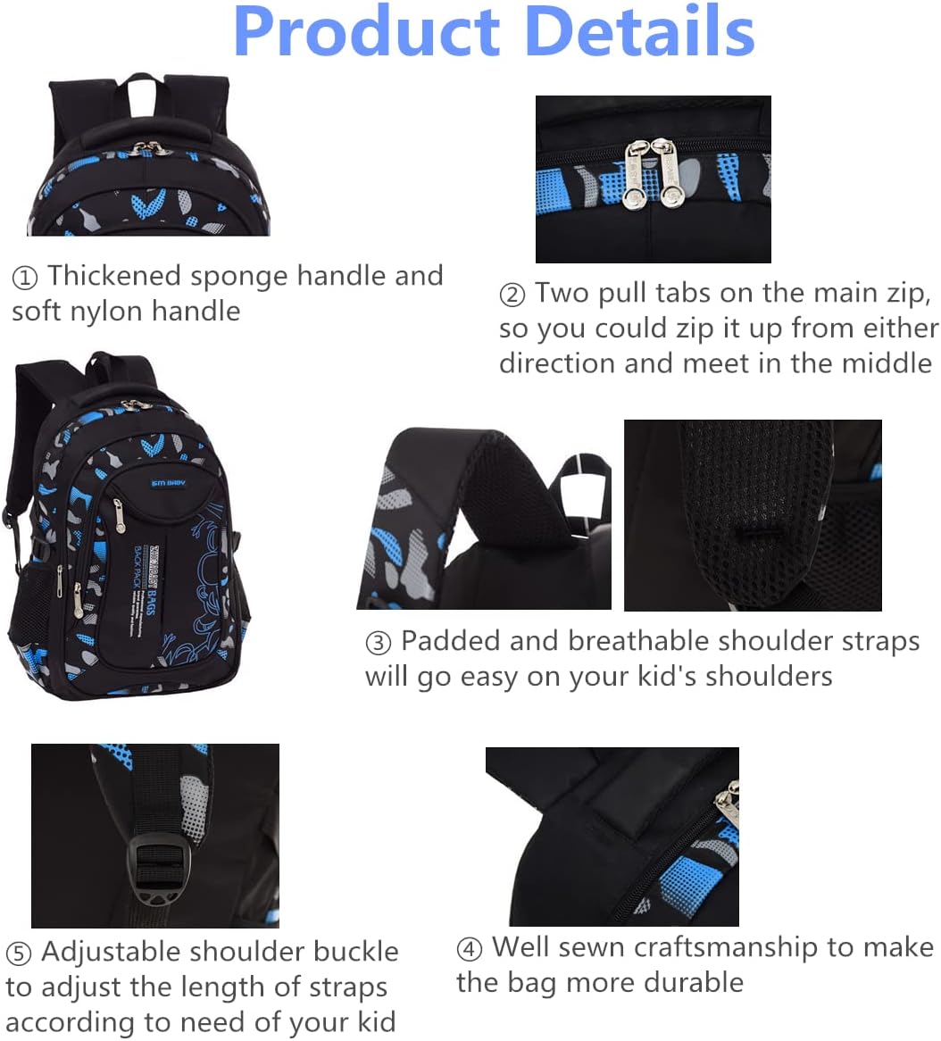Blue-Camouflage Backpacks for Boys School Elementary, Camouflage Boys School Bags Capacity Bookbags