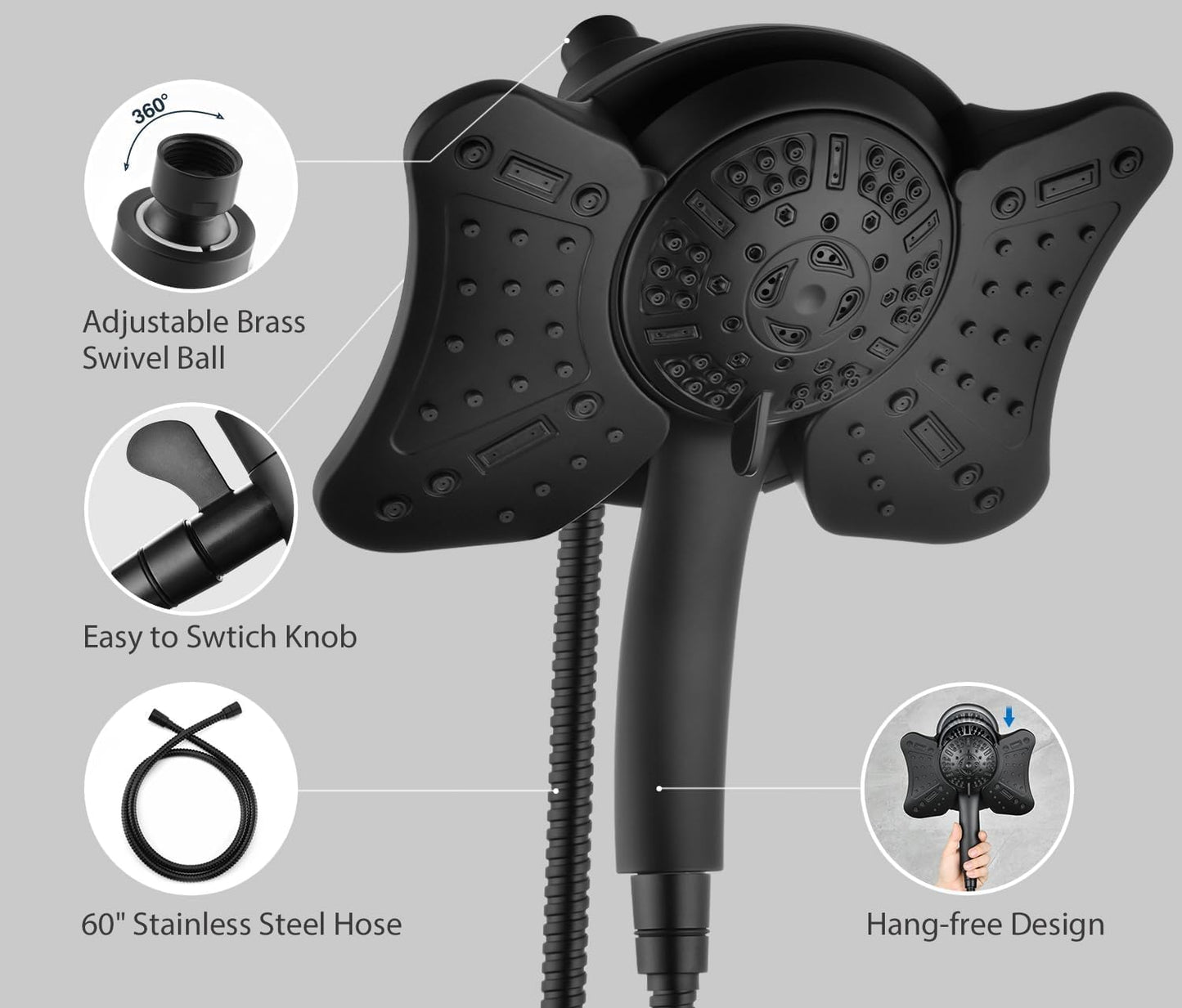 High Pressure Shower Head with Handheld: GRICH 2-in-1 Shower Heads with Hand Held Spray Combo, Anti-Leak 9 Spray Modes Handheld Shower Head & Rain Shower Head with Hose 60'', Angle Adjustable