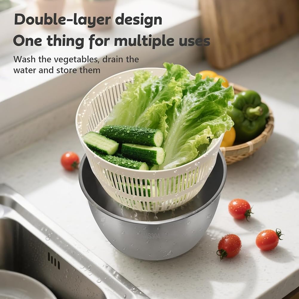 Cenroelon Stainless Steel Salad Lettuce Spinner Quick Manual Compact with Lid,Basin Drain Frame Non-Slip Base